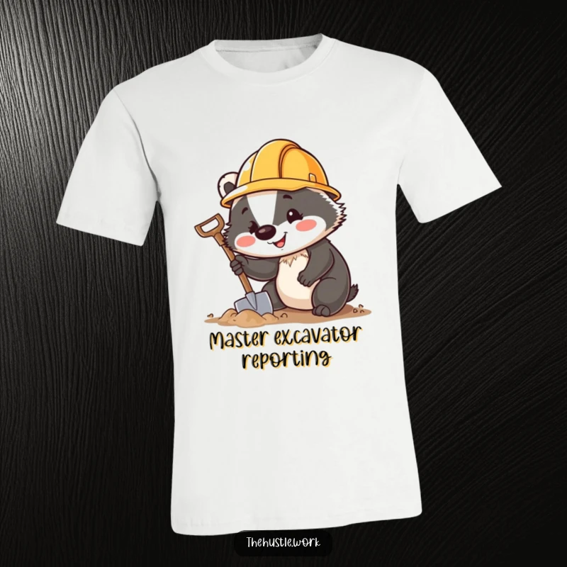 Funny Badger T-Shirt featuring a cheerful digger with a tiny hard hat and miniature shovel, ready for work.