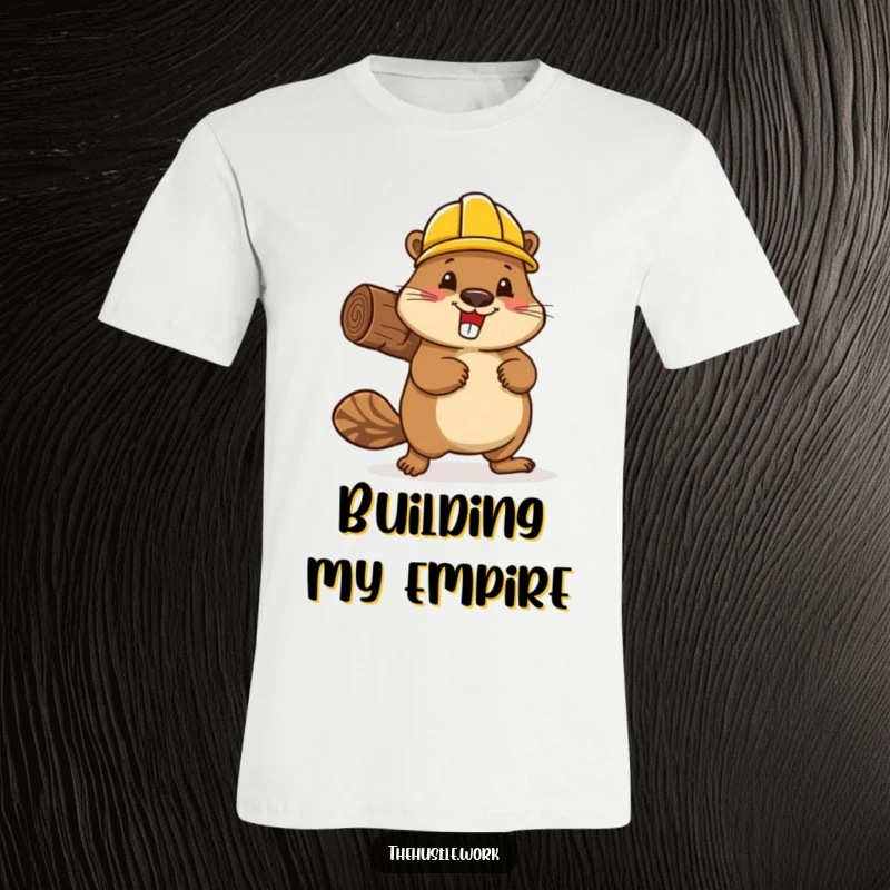 Funny beaver wearing a hard hat, enthusiastically carrying a log, depicted on a comfortable t-shirt.