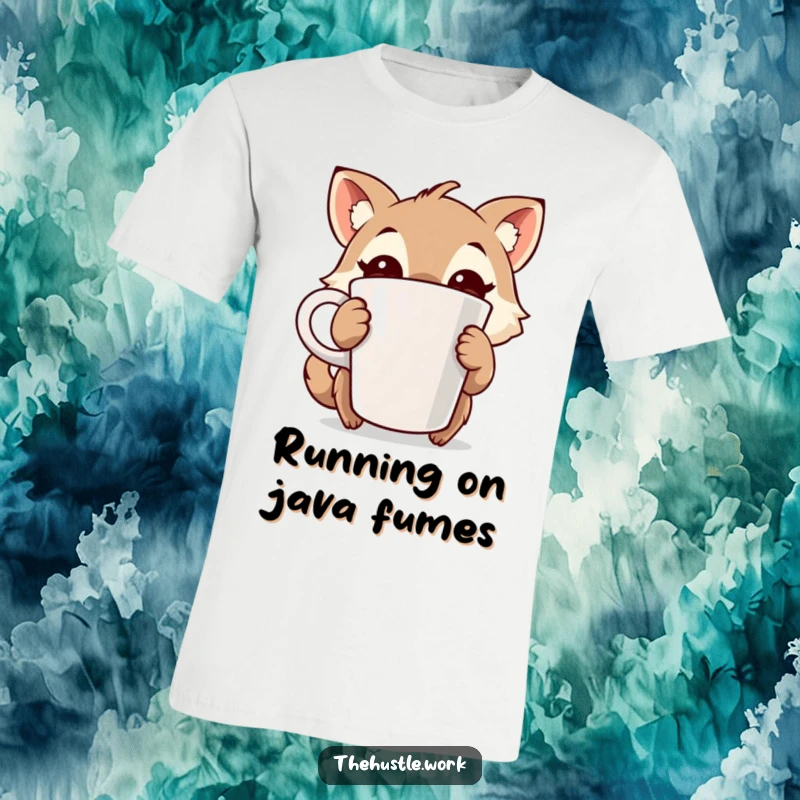 Funny t-shirt depicting an animal character with wide, wired eyes, gripping a large coffee cup, radiating chaotic, humorous energy.