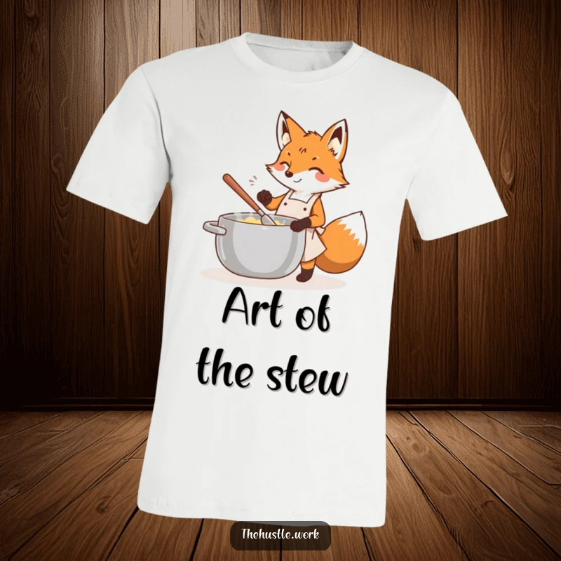 Funny fox wearing an apron, energetically stirring a large pot, depicted on a comfortable t-shirt.