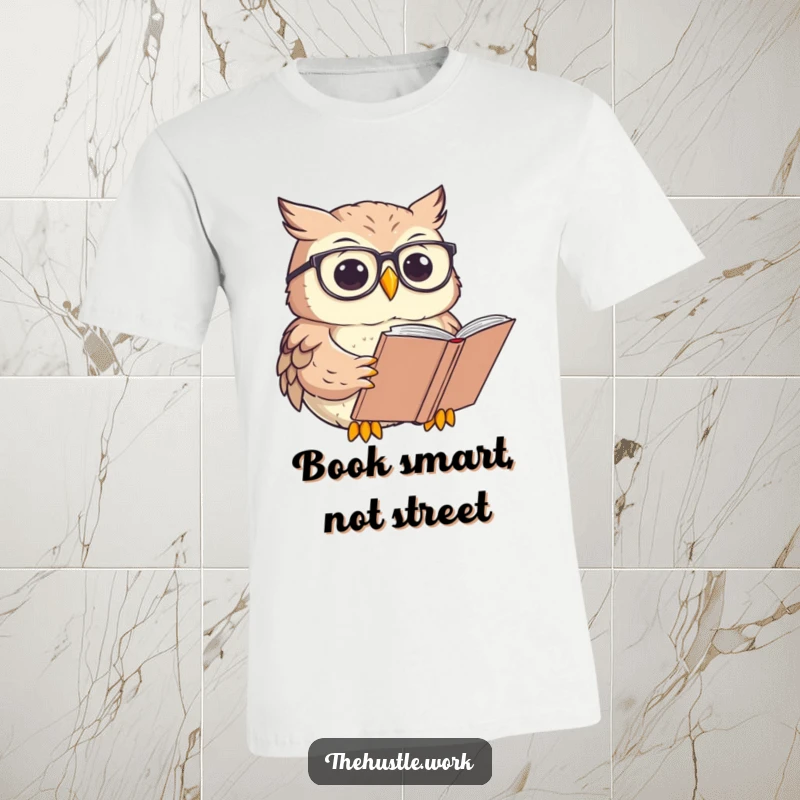 Funny Owl T-Shirt featuring a character with round glasses, intently reading a large book, a true scholar.