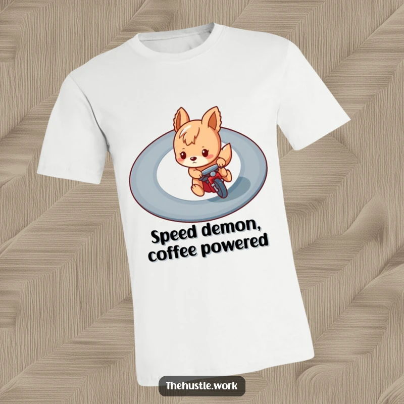 Funny t-shirt depicting a playful animal character in full race mode on a winding track, conveying humorous speed and focus.