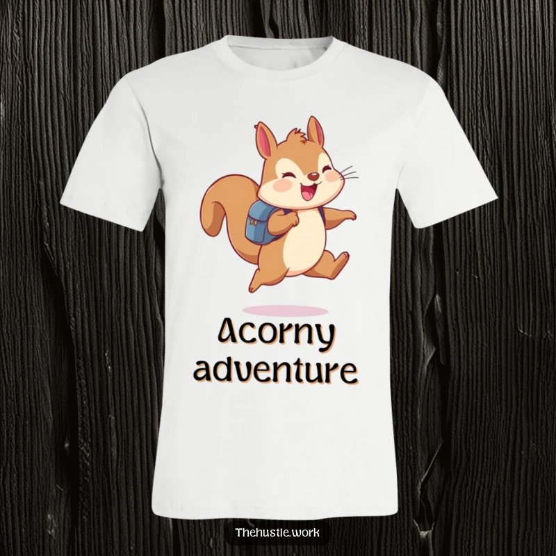 Funny squirrel wearing a backpack, joyfully leaping through the air, depicted on a comfortable t-shirt.