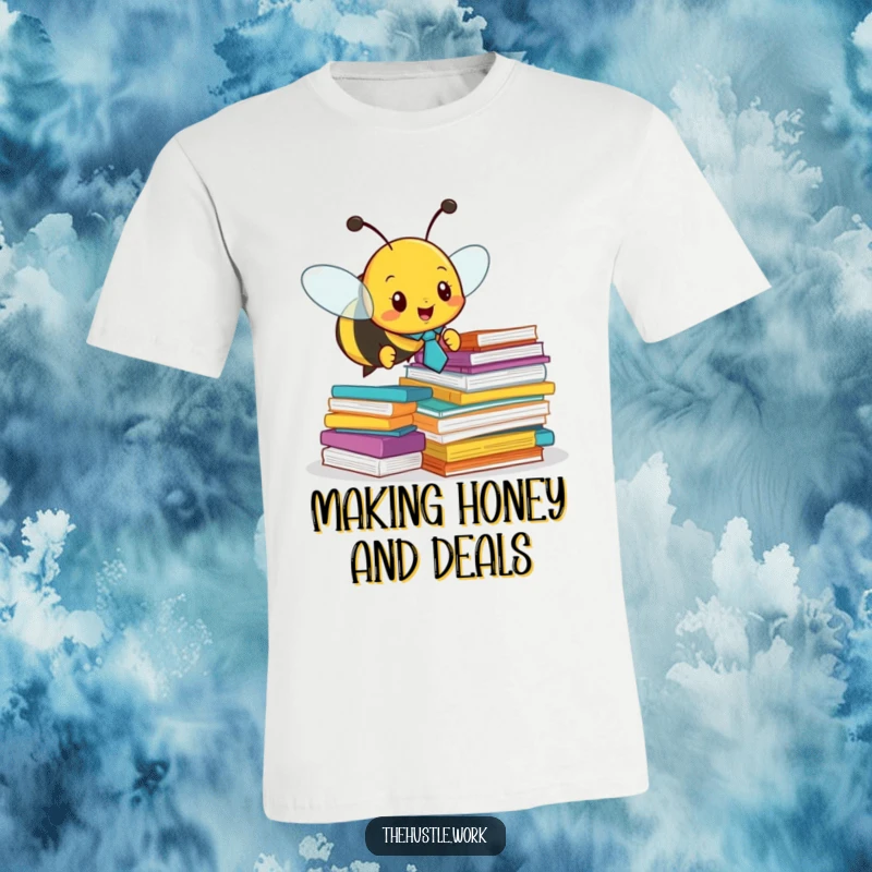 Funny t-shirt: A busy bee in a tiny tie buzzes around colorful stacks of paper, a humorous depiction of office productivity.