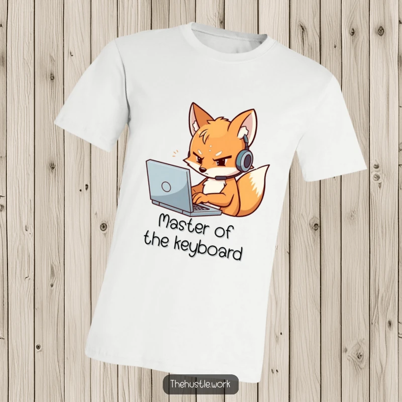 Funny Fox T-Shirt of a determined character with a headset, typing furiously on a laptop, the ultimate gamer.