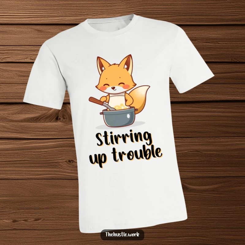 Funny Fox Chef T-Shirt: A diligent fox in a small apron, enthusiastically stirring a bubbling pot, a delightful kitchen scene.