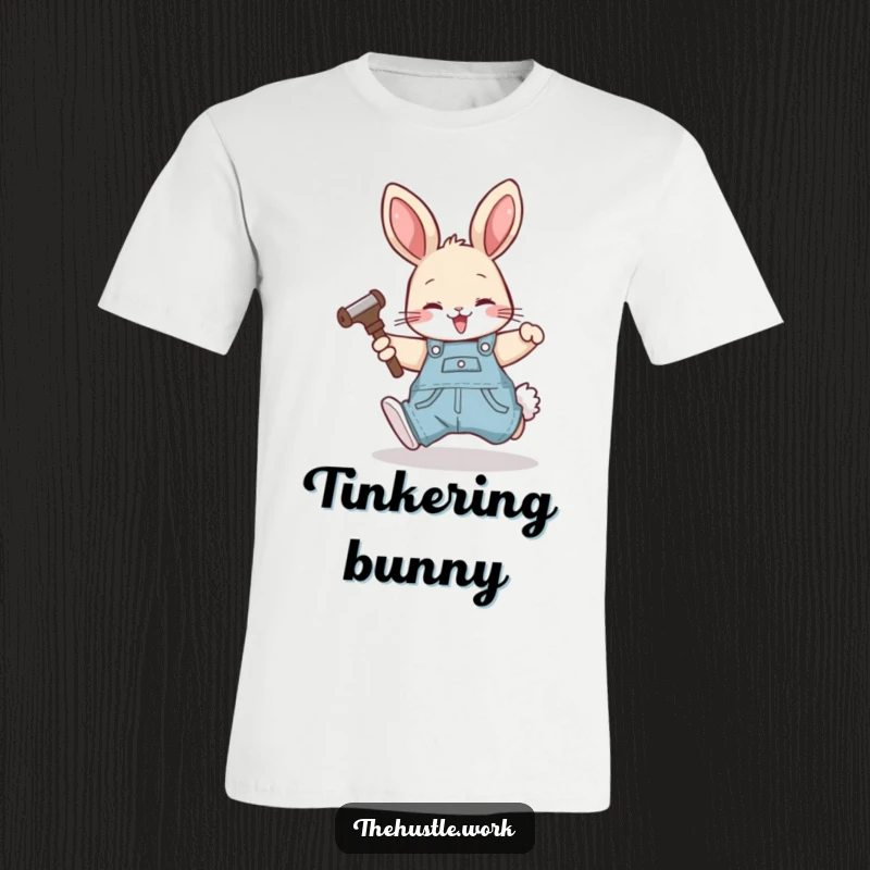Funny rabbit wearing overalls, happily tumbling forward with a tool, depicted on a comfortable t-shirt.