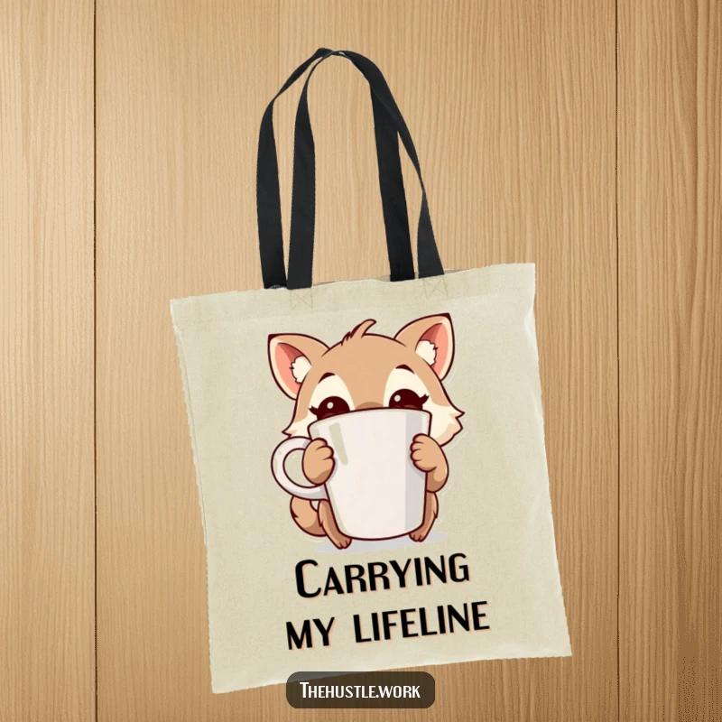 Funny tote bag with a wide-eyed animal character tightly gripping a large coffee cup, symbolizing humorous, high-octane energy.