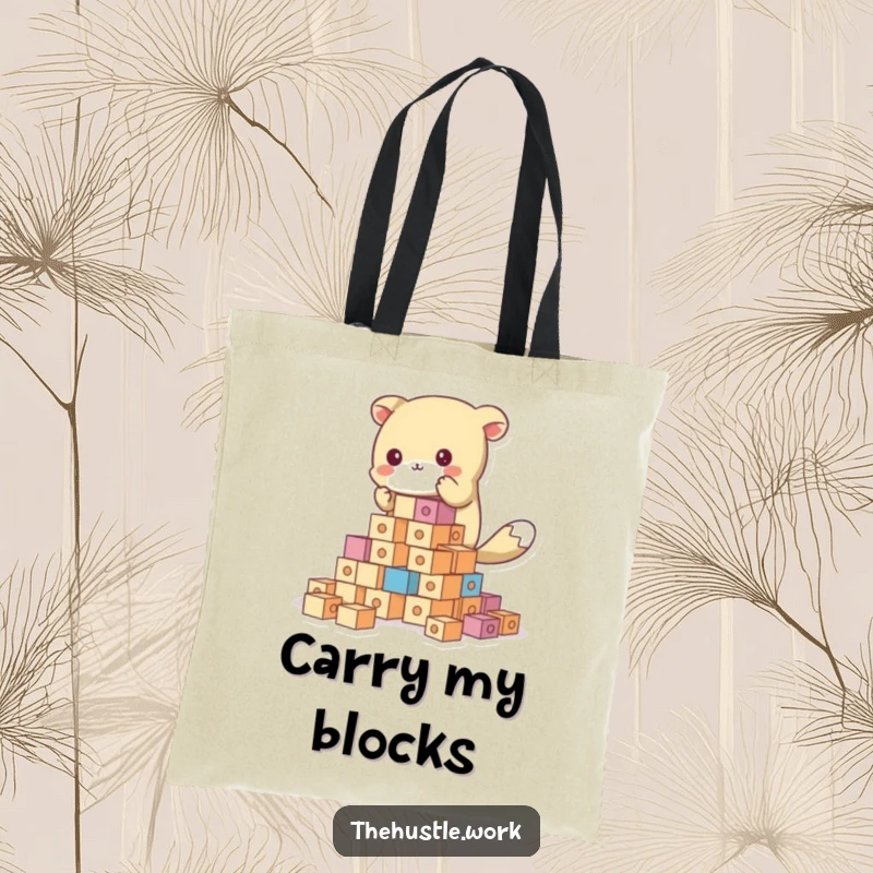 Funny animal character enthusiastically building a tall tower of blocks on a humorous tote bag.
