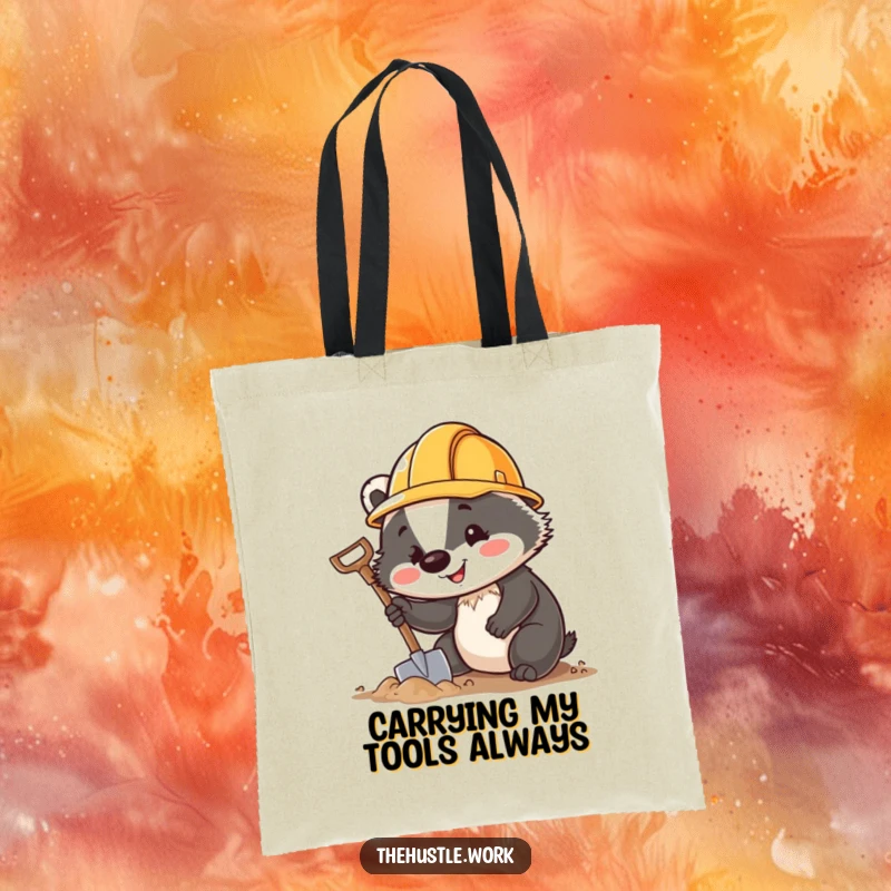 Funny Badger Tote Bag featuring a cheerful digger in a hard hat, ready to carry supplies with a miniature shovel.