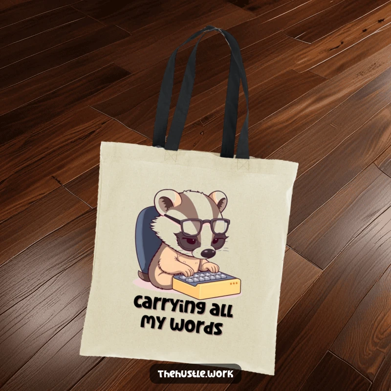 Funny tote bag: A determined badger wearing glasses furiously types on a small keyboard, a humorous symbol of productivity.