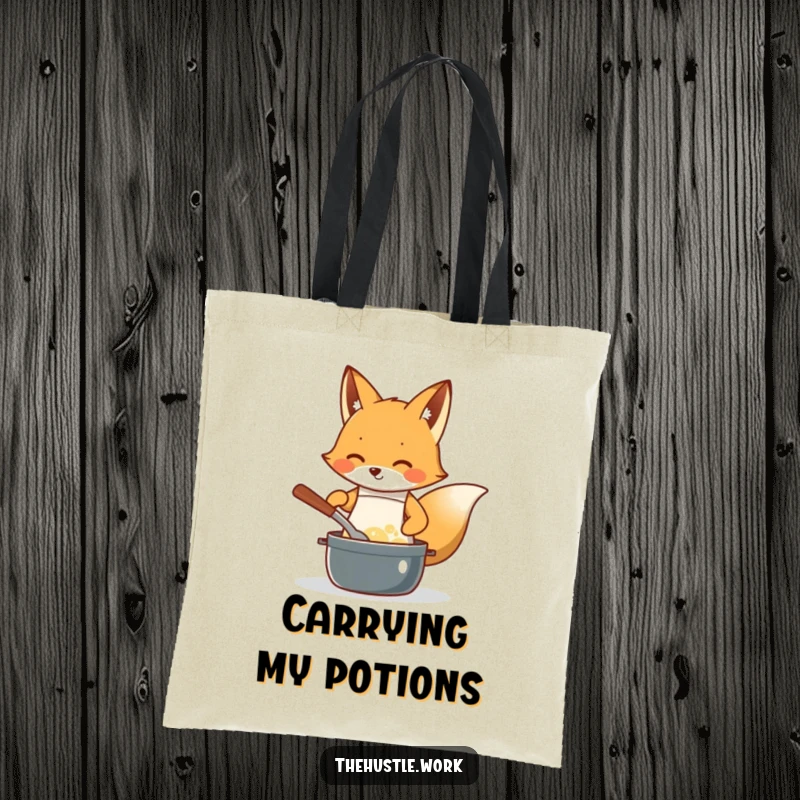 Funny Fox Chef Tote Bag: A diligent fox in a small apron, enthusiastically stirring a bubbling pot, great for market trips.