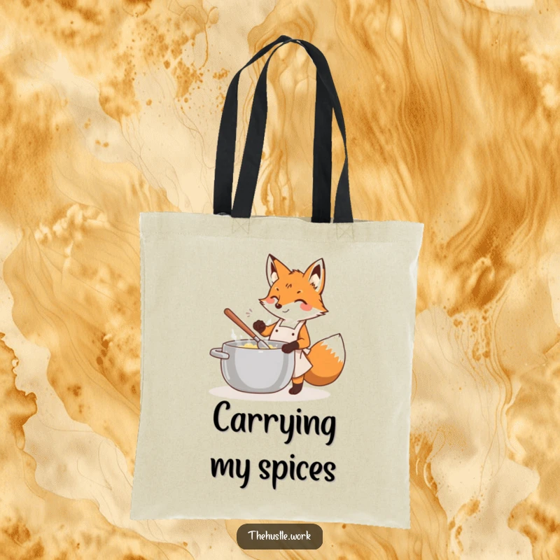 Funny fox wearing an apron, energetically stirring a large pot, on a durable and stylish tote bag.