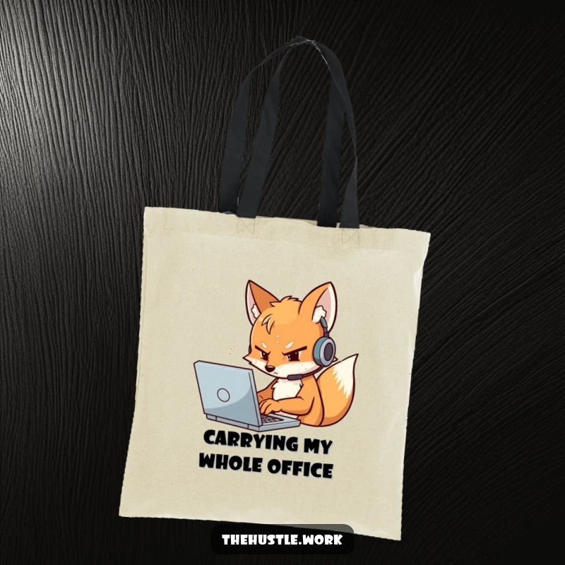 Funny Fox Tote Bag with a determined character wearing a headset, typing furiously on a laptop, a tech essential carrier.