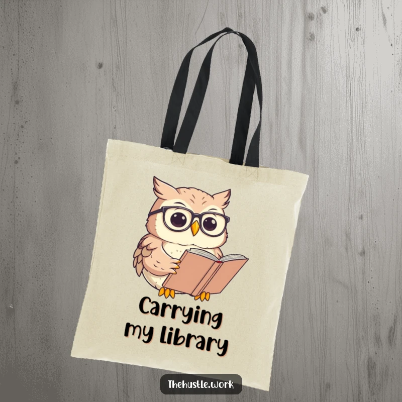 Funny Owl Tote Bag with round glasses, focused on reading a large book, a stylish book carrier.
