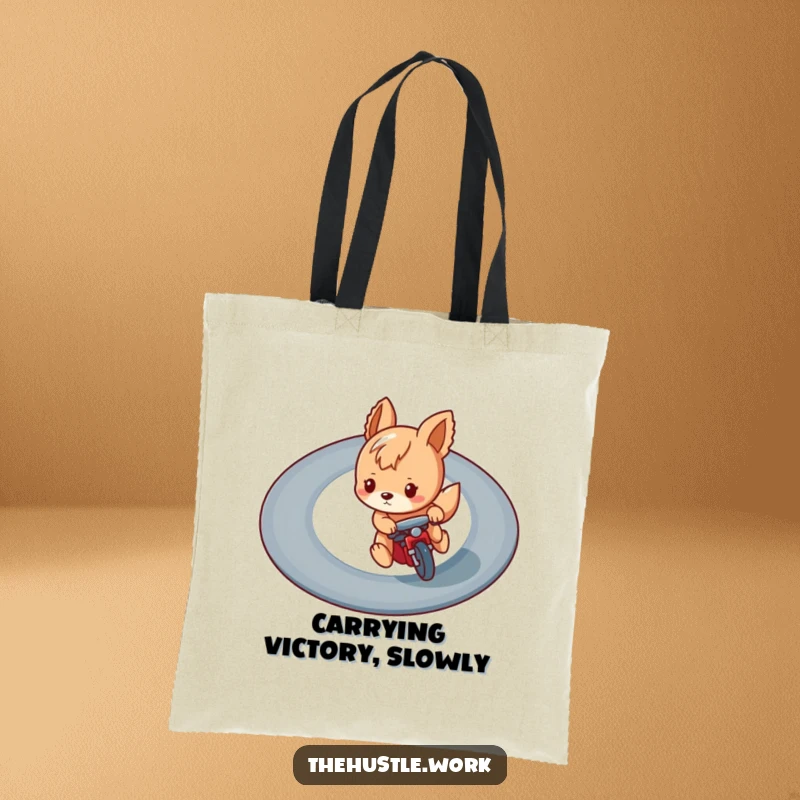 Funny tote bag with a playful animal character intensely racing on a winding track, showcasing humorous focus and speed.