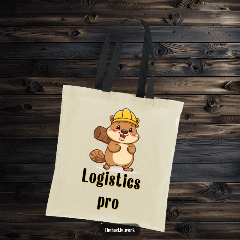Funny beaver in a hard hat, enthusiastically carrying a log, on a durable and stylish tote bag.