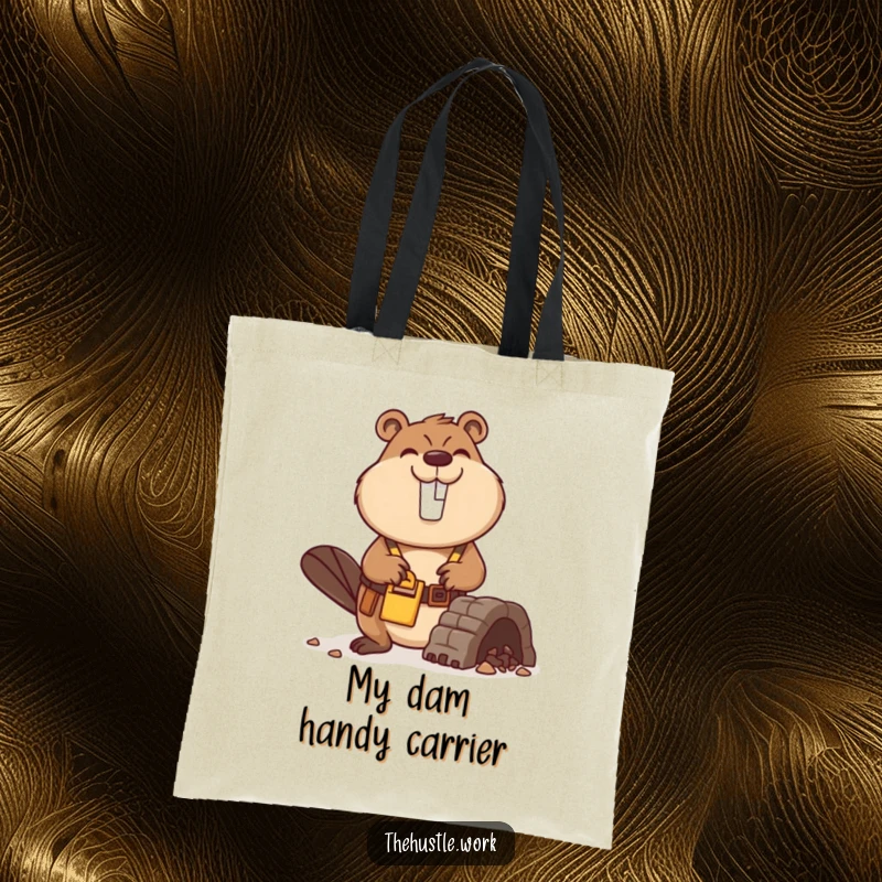 Funny Beaver Tote Bag with a busy builder wearing a tool belt, smiling while constructing a miniature dam, a handy carrier.